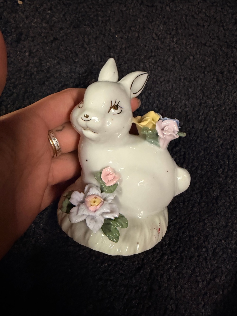 White Ceramic Bunny Figurine with Pastel Flowers